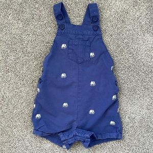 Baby Boden 6-12mo blue, white, and elephant embroidered overalls.